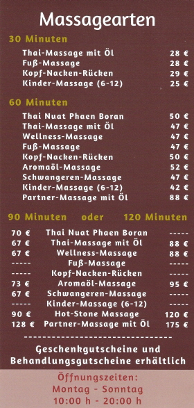 Massagearten - Preisliste 2025/06-05